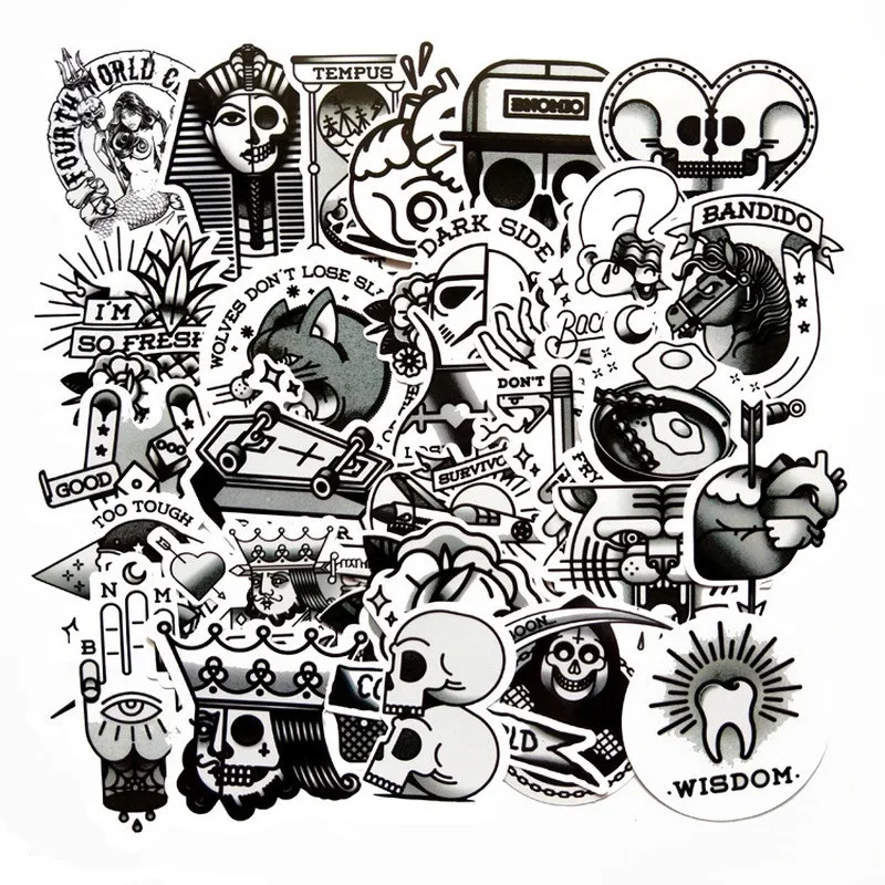 

10/30/50 PCS Cartoon Black and White Graffiti Retro Pharaoh Skull Waterproof Guitar Stickers Decorative Toys Wholesale
