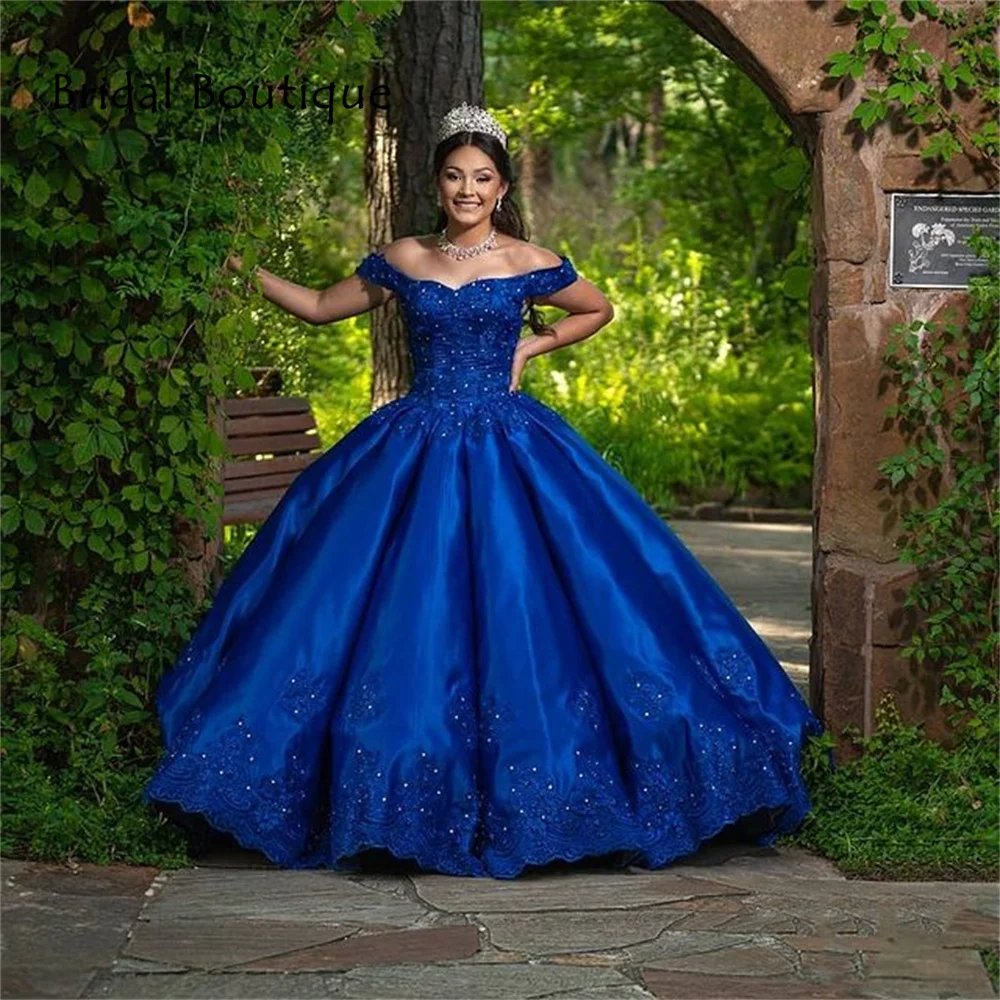 

Royal Blue Satin Quinceanera Dresses Lace Appliques Ball Gown Graduation Party Gowns Princess Sweet 15 16 Dress