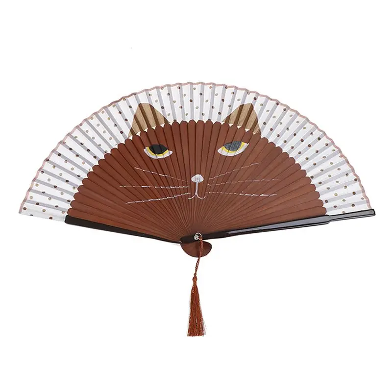 

Bamboo Hand Fans Crafts Decorative Fans Handheld Vintage Chinese Silk Fan Cartoon Cat Printing Folding Fan Home Decoration