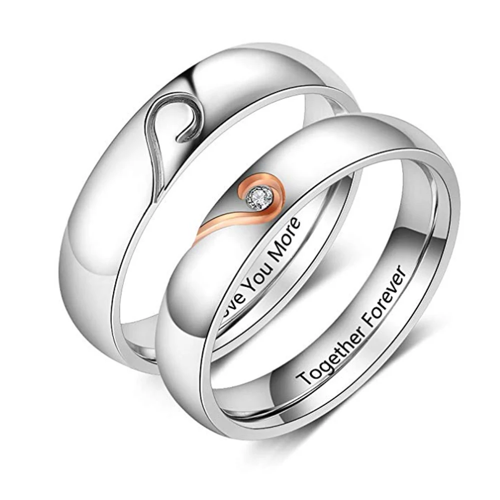 Парные кольца с гравировкой в виде сердца кубическим цирконием нержавеющая