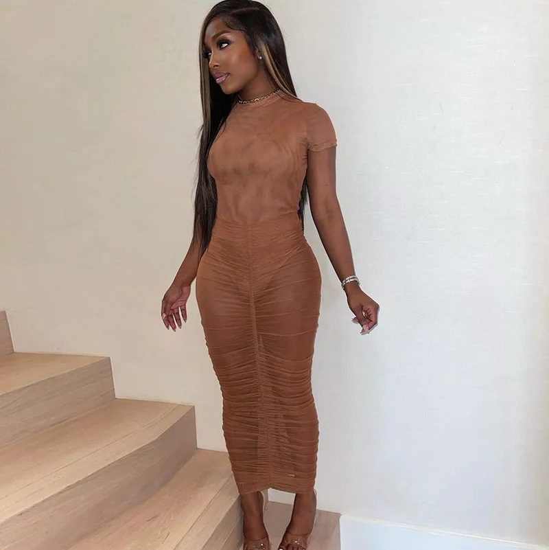 

2021 Short Sleeve Patchwork Gathered See Through Top Dress 2 Pieces Set Summer Women Fashion Streetwear Outfits Y2K