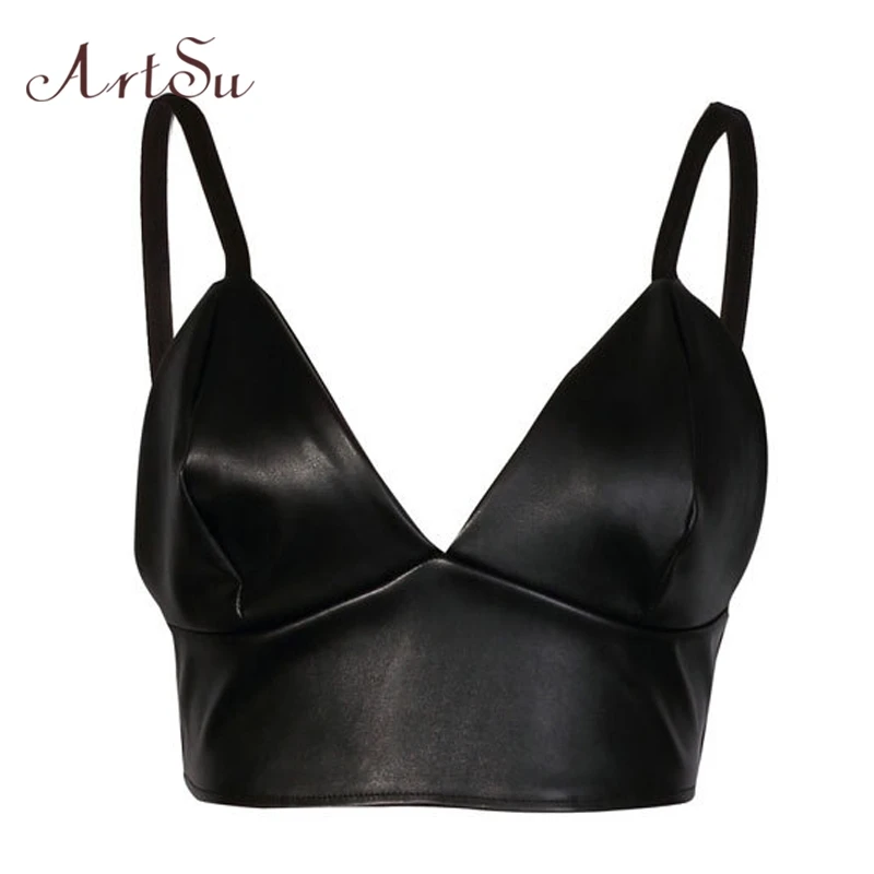 Женский укороченный топ из искусственной кожи с открытой спиной и v образным