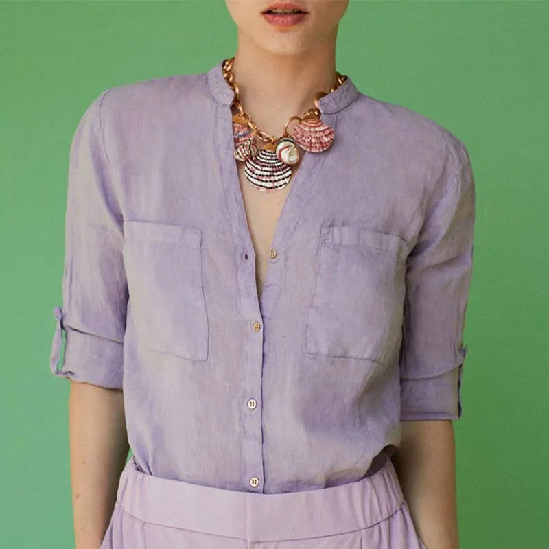 

Women Summer Casual Linen Shirts Blouses Tops 2021 ZA Solid Long Sleeve Pockets Female Elegant V-Neck Street Top Clothes Blusas