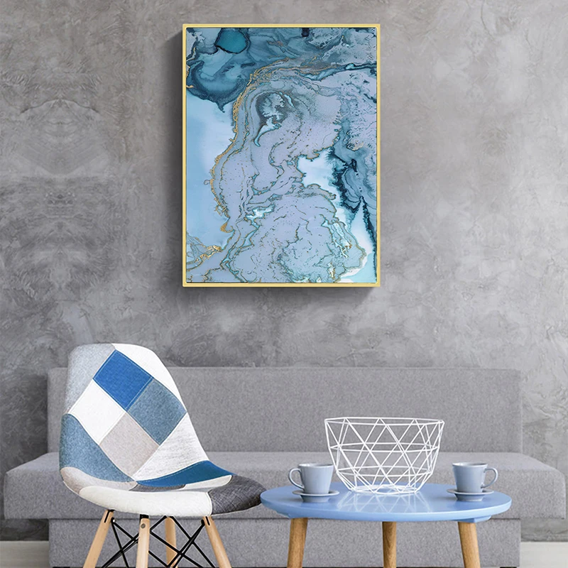 Течет золотой голубой Фольга холст картины роскошный Плакаты настенный
