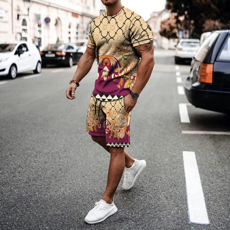 

Retro Ethnic Classic Harajuku Print Summer Men's Suit Oversized T-shirt Beach Pants 2-Piece 2021 Fashionable Hip-Hop Sportswear