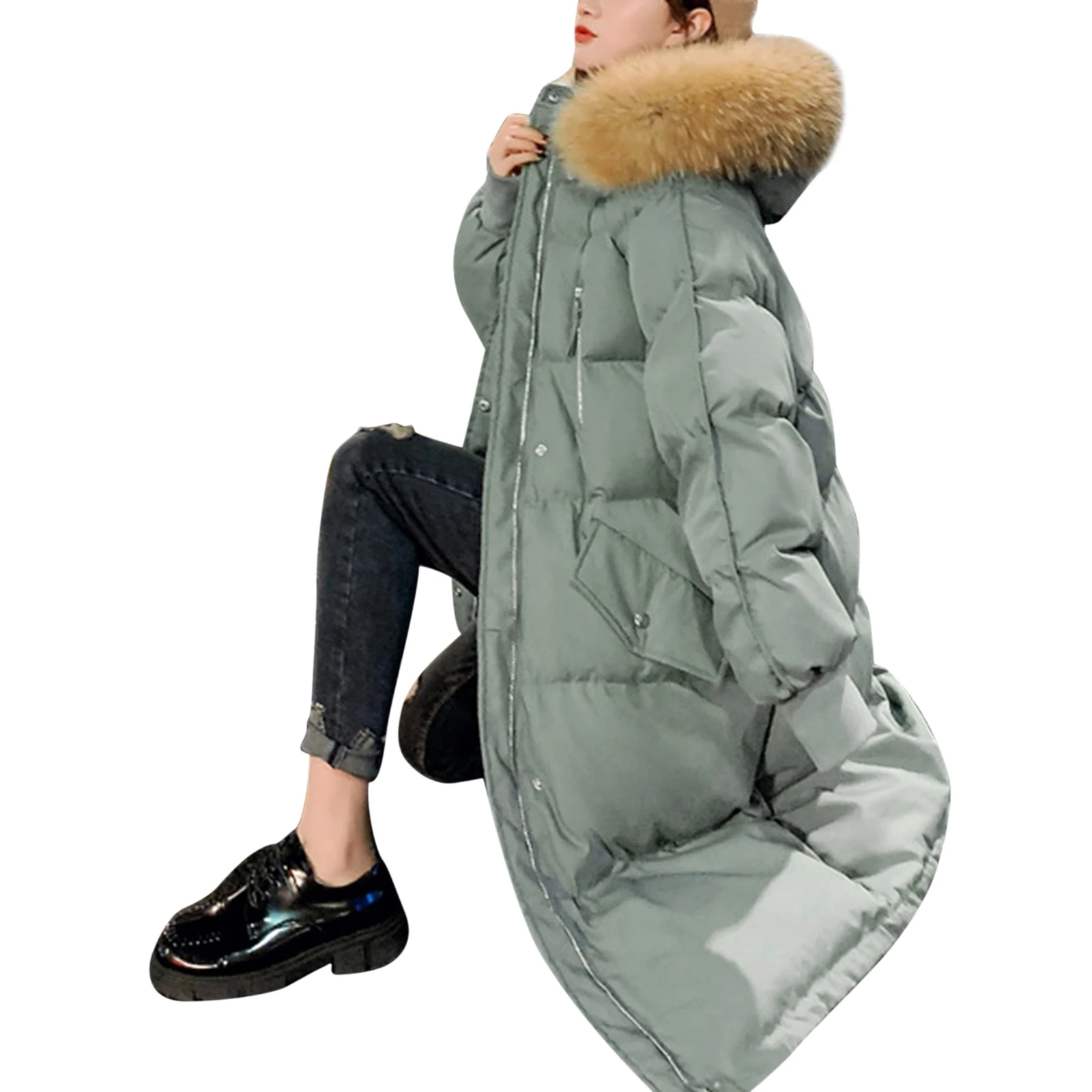 

Женское однотонное пальто с хлопковой подкладкой, утепленное длинное пуховое пальто с пушистым капюшоном и боковыми карманами