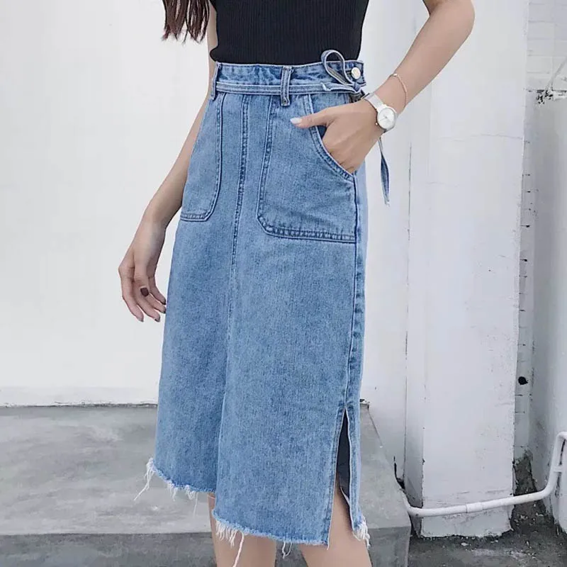 Женская длинная джинсовая юбка с бантом на поясе летняя винтажная средней длины