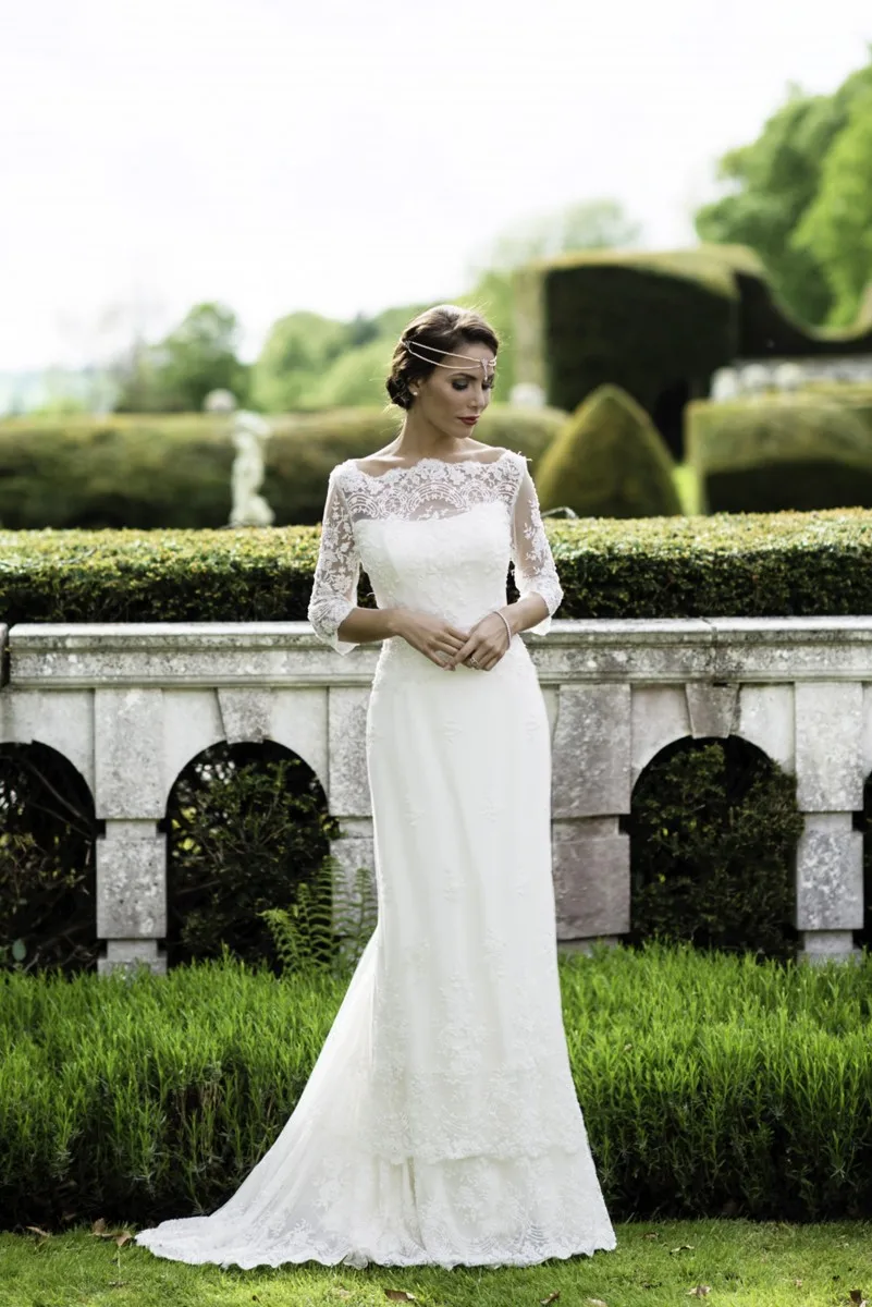 Vestidos De Novias Elegant Lace Wedding Dress with Sleeves 3/4 High Neck White V Back 2016 Long Robe Mariage Party | Свадьбы и