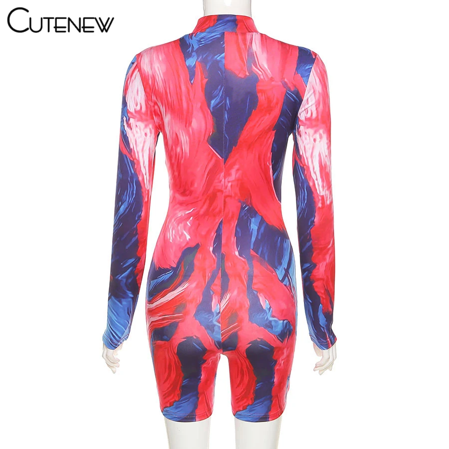 

Cutenew Printed Zipper Biker Shorts Rompers Women Long Sleeve Workout Wear Skinny Playsuit 2021 Casual Lady Street Style Outfits
