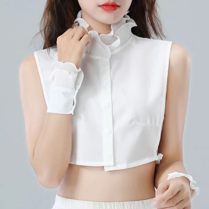 

2020 Women Sweet Layer Agaric Ruffles Stand False Fake Collar Button Down Half-Shirt