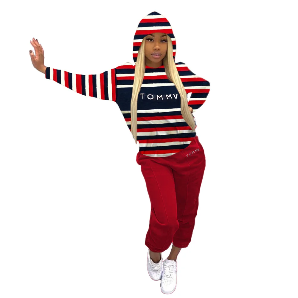 

42H1591 Autumn Winter Women Casual Fashion Striped Letter Print Sports with Hood Two Piece Set Tracksuit Sweatsuit Outfits Hot