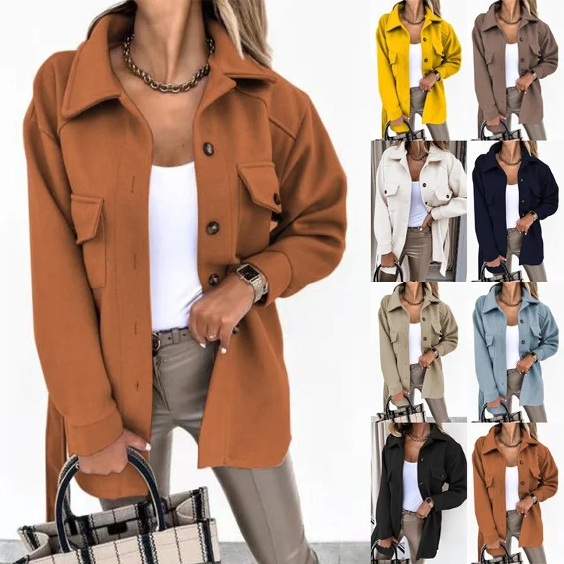 

Donsignet Temperament Solid Winter Coat Women Elegant Fall Long Sleeve Turn-down Collar Buttons Belt Woolen Coat for Women