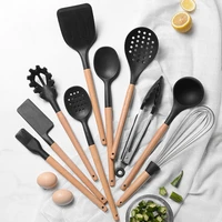 kitchen cooking utensil set high temperature resistant non stick silicone cookware tools with wooden handle milky white black
