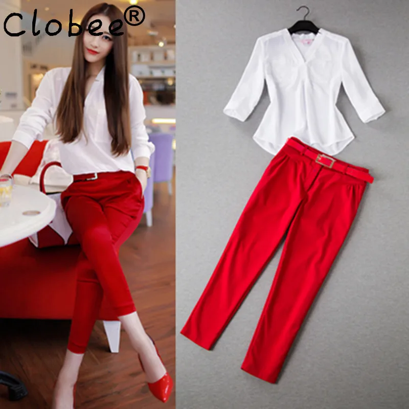 Летние шифоновые костюмы блузка рубашка брюки модный темперамент комплект из