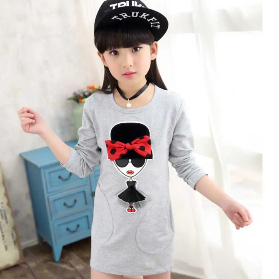 Kids Dresses For Girls Cartoon Patch Dress Dot Bow Party Girl Spring Autumn Cute Clothes 6 8 10 12 14 Year | Детская одежда и