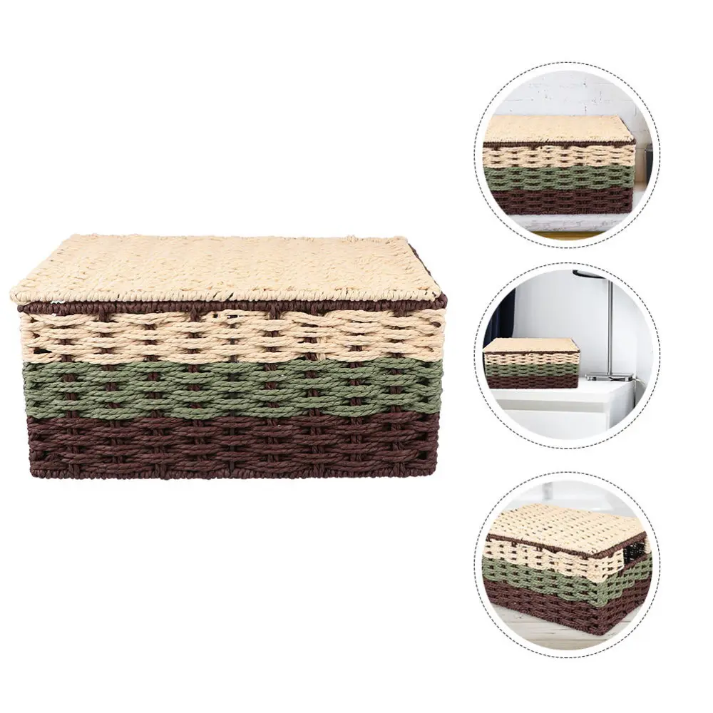 

Creative Woven Storage Basket with Lid Snacks Sundries Storage Box Organizer