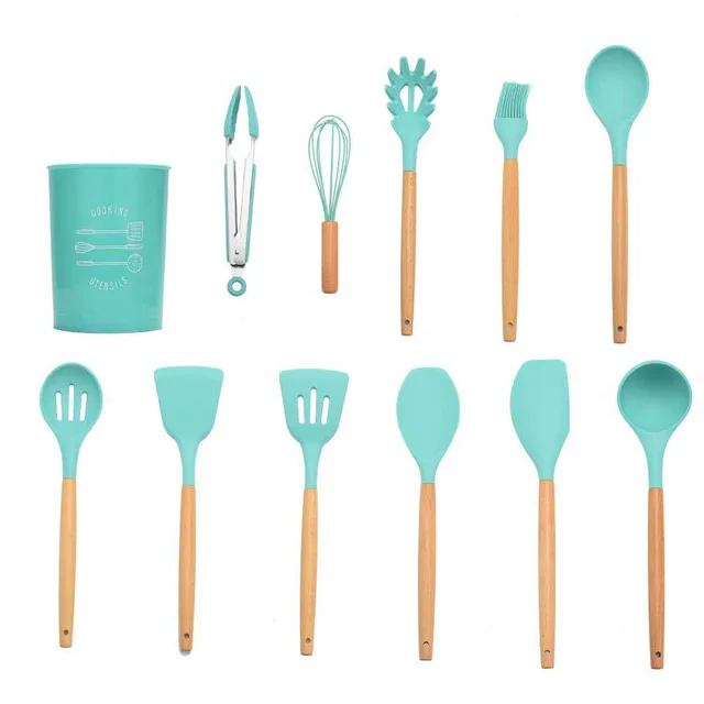 Mint Green 12pcs-A 9/12/13 шт. кухонная утварь набор дерева+ силиконовая кухонная посуда набор посуды для хранения коробка Turner Щипцы Ложка с деревянной ручкой Кухня Силиконовые Шпатель скребок венчик для взбивания - Цвет: Mint Green 12pcs-A