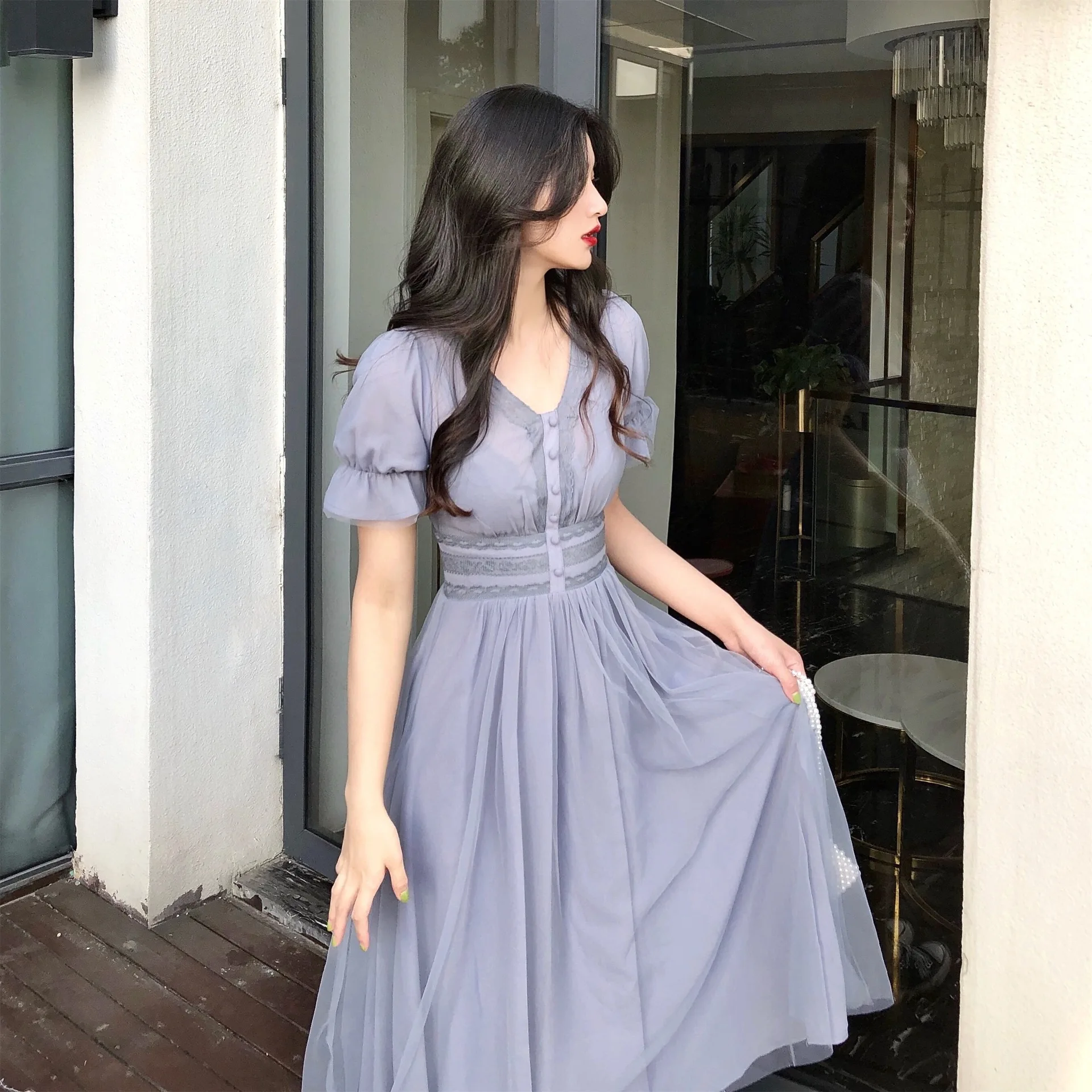 

A-line Women Dress Slim Korean Style Mesh Elegant Vintage Vestidos 2020 New Summer Mesh Dress Female V-neck Short Puff Sleeve