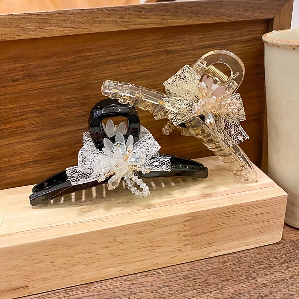 

Korean For Women Girl Acrylic French Bow Hair Claw Headwear Crystal Hair Clip Lace Hair Crab