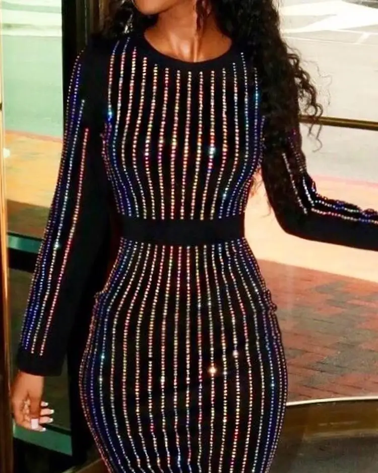 

Sequin Party Dress Women 2021 autumm Fashion Elegant Stripes Binding Long Sleeve Sexy Round Neck Party Cocktail Sequins Dress