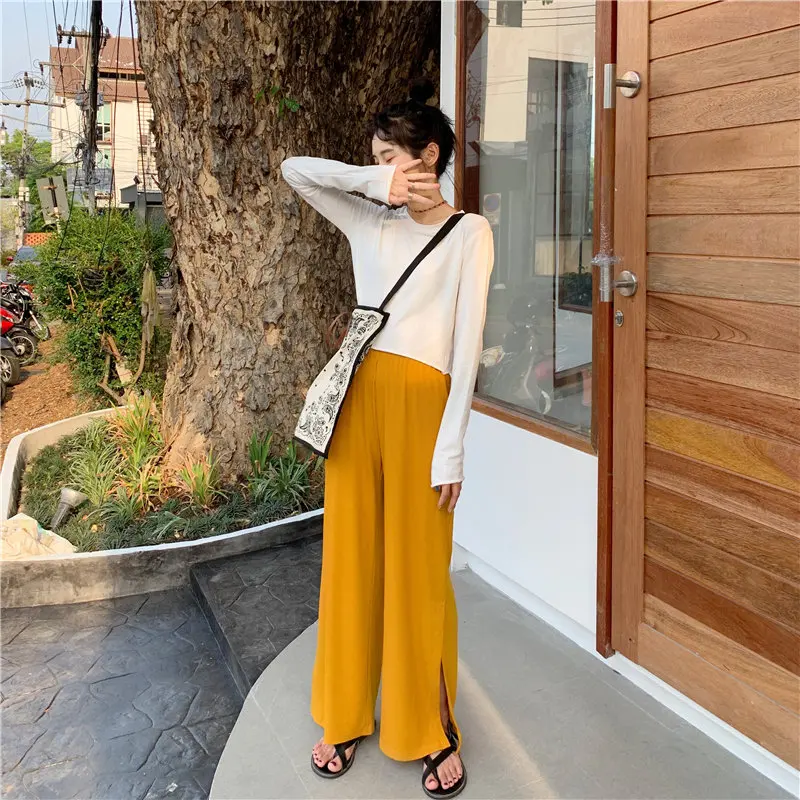 

Alien Kitty Fashion All-Match Elastic Waist Split Straight 2020 Loose Women New Casual Chic High Waist Solid Wide Leg Trousers