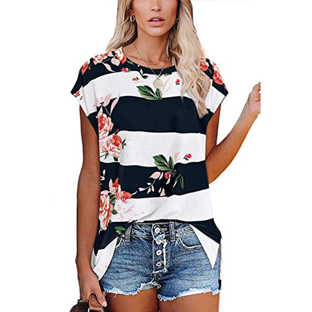 

Women's Loose Round Neck Plus Size Tops Floral Print Short Sleeve Striped T-shirt Summer Fashion Drop Shoulder Tees Shirts D30