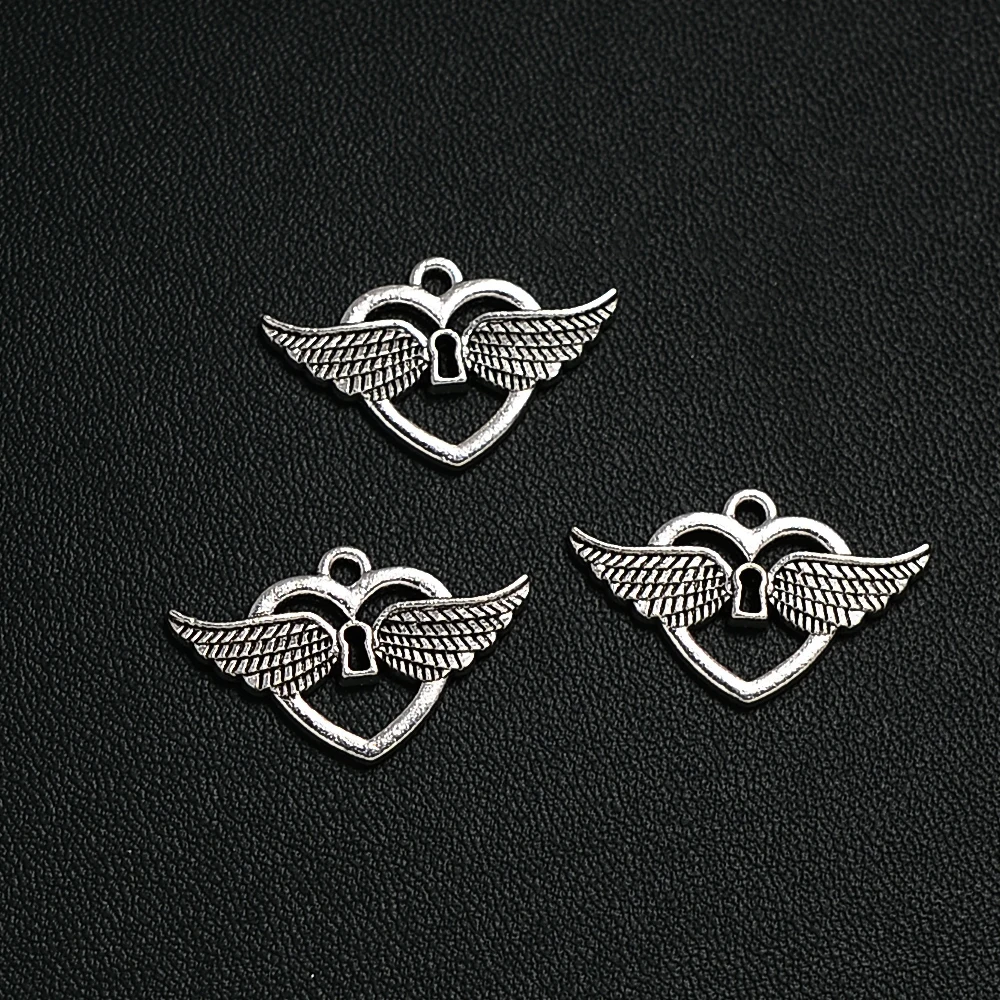 

30pcs/Lot 25x16mm Antique Silver Plated Hollow Heart Charms Angel Wing Pendants For DIY Earring Jewelry Making Accessories Parts