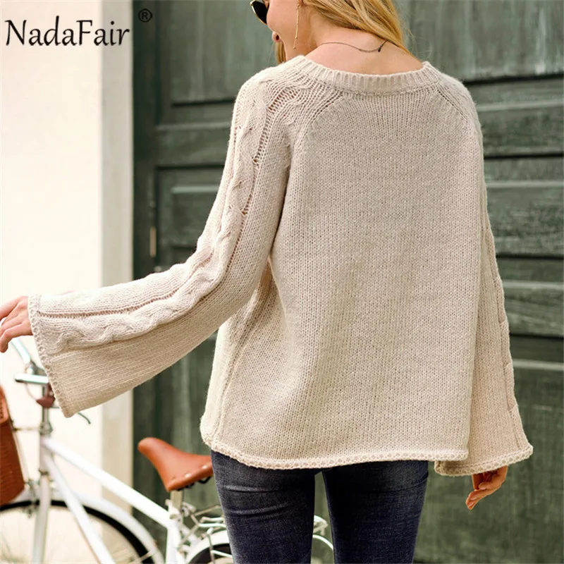 Женский свитер оверсайз Nadafair вязаный пуловер с круглым вырезом и расклешенными