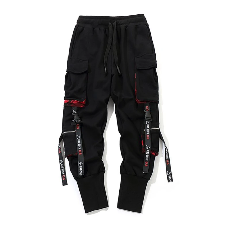 

Hip Hop Men's Joggers Pants Camouflage Patchwork Button Ribbons Streetwear Sweatpants Multi Pocket Cargo Pants Harem Joggers Men