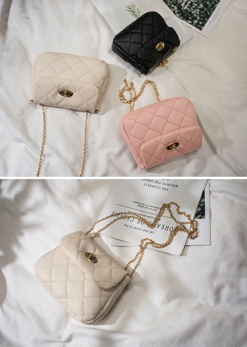 

Women Chains Sling Shoulder Bags New Linger Design Fashion Girls PU Leather Crossbody plaid Pack