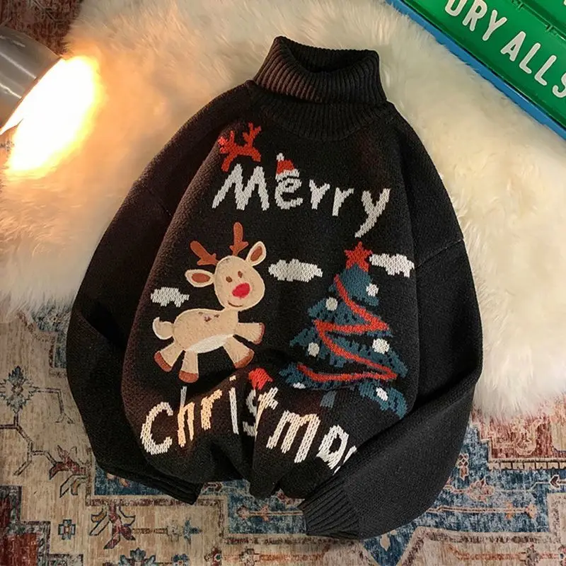 

Christmas sweater men loose lazy couple knit shirt ins harbor wind autumn and winter thickened inner high collar bottom shirt