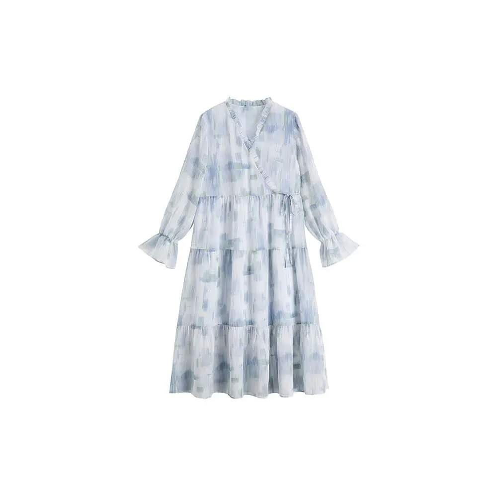 

Spring Chiffon Fairy Dress Women Vintage Tie-Dye Print V-Neck Flare Sleeve Prairie Dress Large Size Mori Girl Faldas Vestidos
