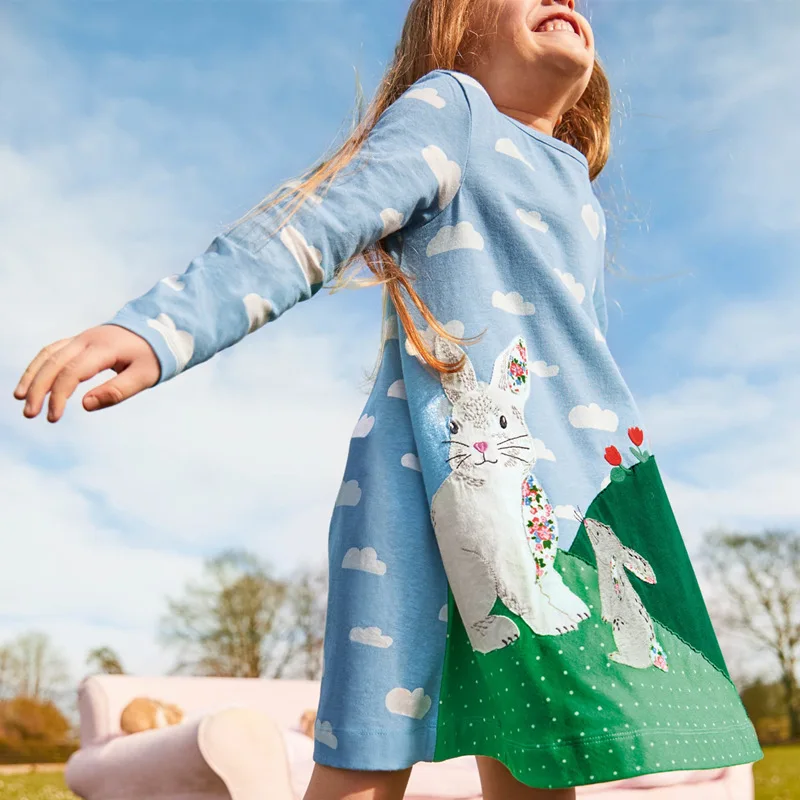 

New Animals Applique Cotton Princess Dresses with Clouds Print Fashion Baby Long Sleeve Party Girls Dress Kids
