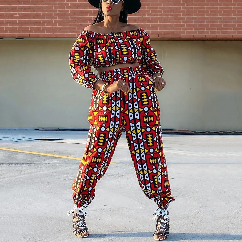 

Pants Sets Womens Outfits Dressed Fall Red Geometric Printed 4XL 5XL Plus Size Blouse & Pants Fashion Oversized High Street Sets