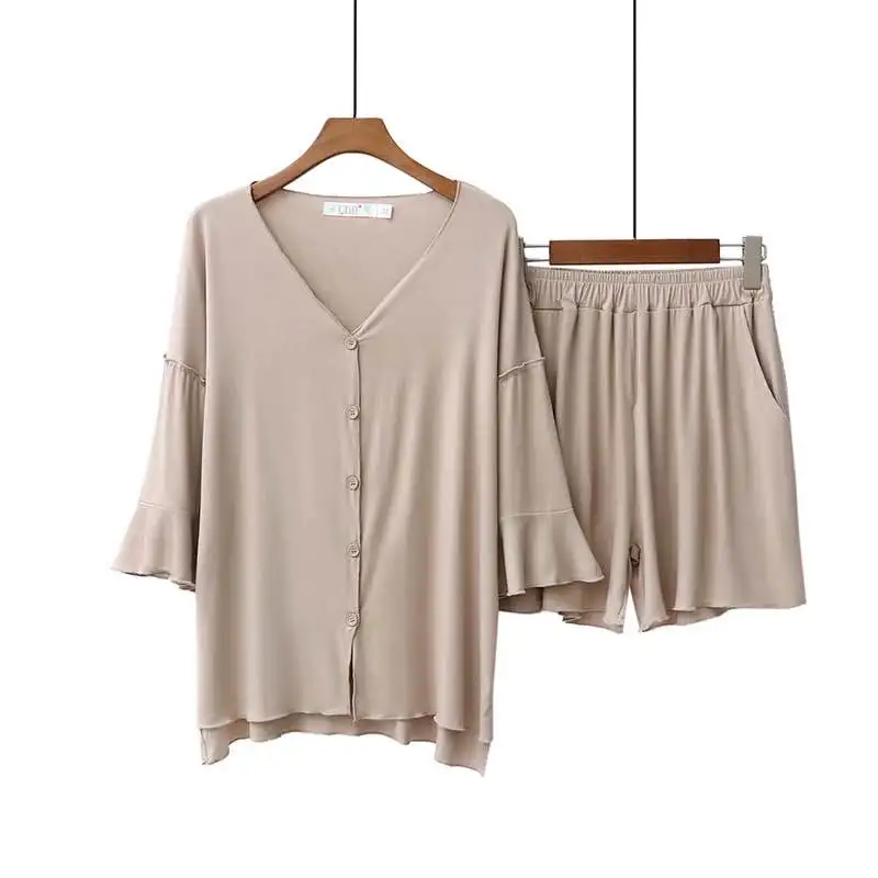 New Summer Pajamas Female Pure Cotton Short sleeve mid shorts Lotus leaf Pyjamas Large Size Spliced Home Suit | Женская одежда