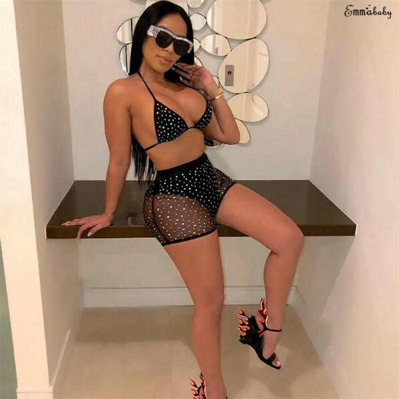 Сексуальное женское бикини со стразами комплект нижнего белья бюстгалтеров с