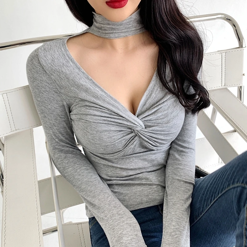 

Sexy Halter Neck Women T-shirt Elegant Deep V Long Sleeve Slim Stretch Tops Ladies Chic Tees