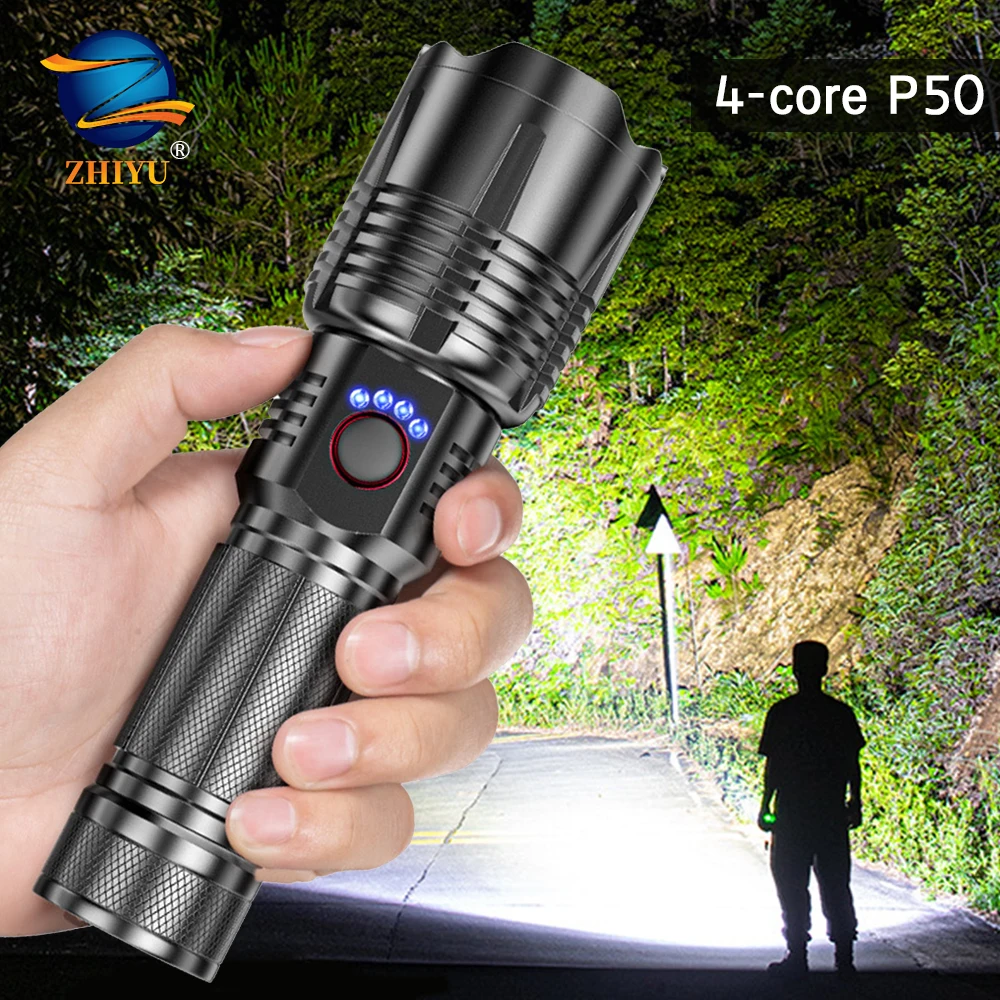 

New P50 Flashlight Aluminum Alloy USB Charging Strong Light Telescopic Focusing Torch with Battery Indicator Use 26650 Battery