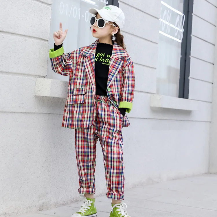 Спортивный костюм для девочек подростков клетчатая куртка и штаны комплект