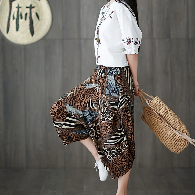 

Cotton Linen Pants Women Summer Vintage Wide Leg Pants Elastic Waist Irregular Casual Print Casual Harem Pants Pantalon Trousers