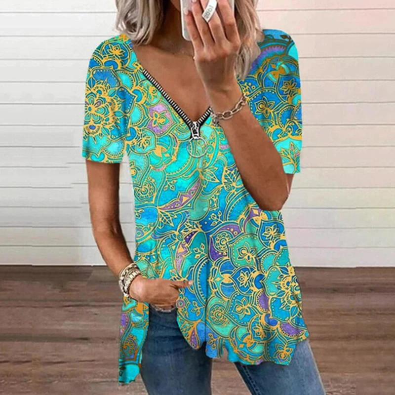 

Vintage Print Blouses Women 2021 Tops Summer Zipper V-neck Blouse Shirt Women's Tunic Casual Loose Blusas Mujer