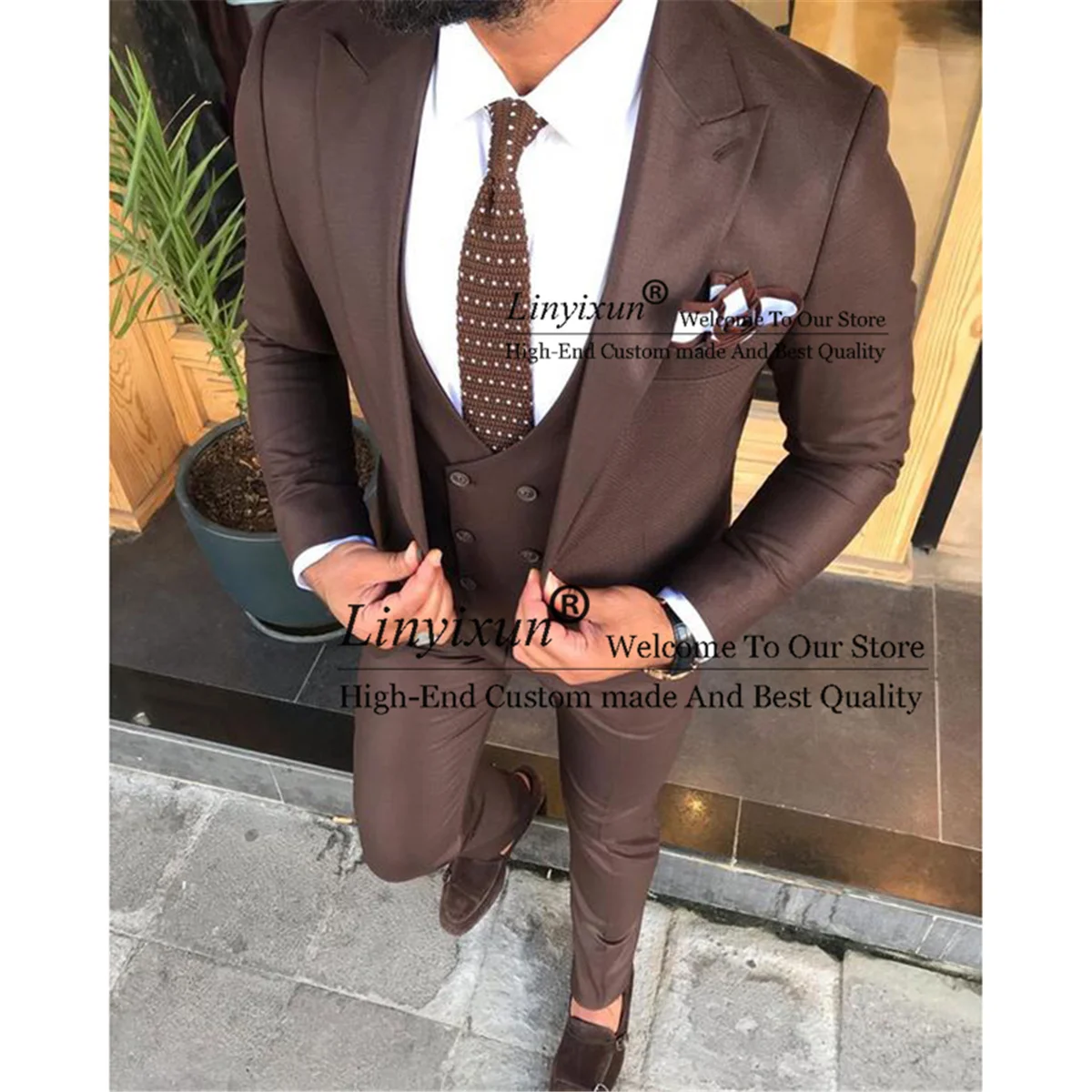 

Мужской костюм из трех предметов, коричневый облегающий костюм для шафера, двубортный жилет на одной пуговице, блейзер для свадьбы, 2021