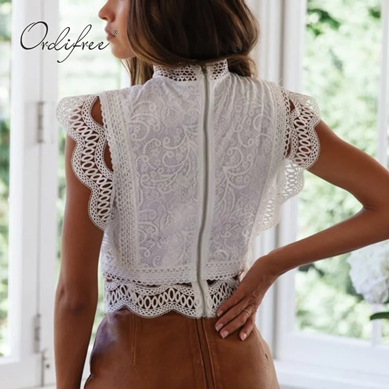 Женская кружевная блузка без рукавов Ordifree белая короткая с вязаным крючком