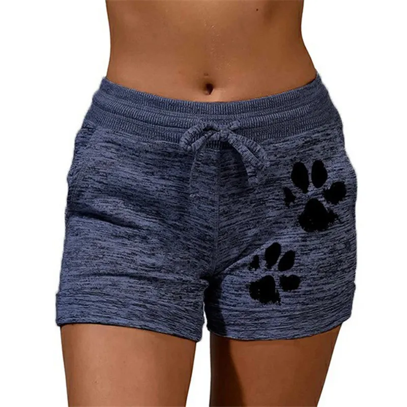 

New Quick Drying Cat Paw Print Women Shorts Drawstring Lace Up Elastic High Waist Cotton Short Lady Yoga Beach Sport Shorts