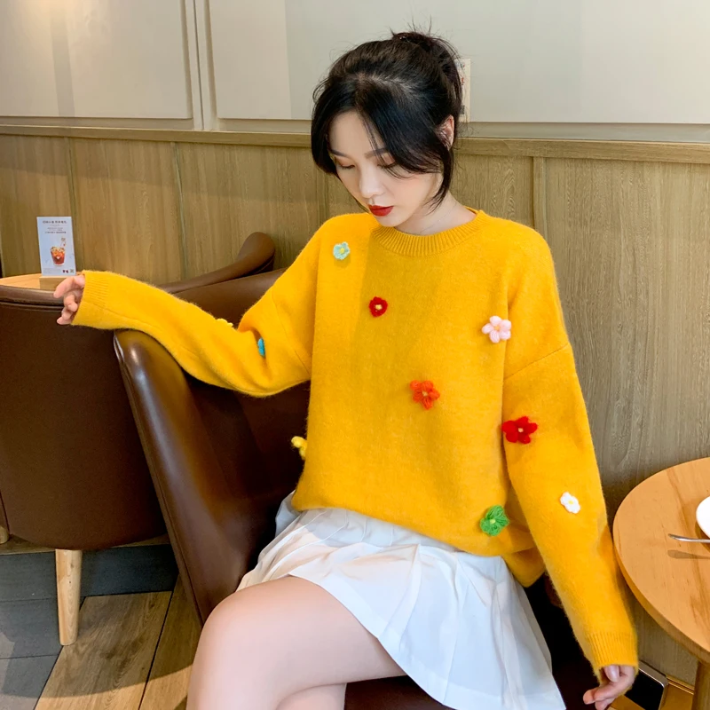 2020 autumn knitting pullovers college girls winter warm soft sweet candy colors sweater for women flower patched long sleeves | Женская