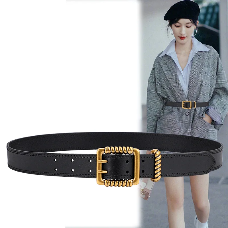 

Gold Buckle Jeans Belts For Women Black White Retro Female Waist Belt PU Leather Ladies Dress Belt Strap Wild Waistband