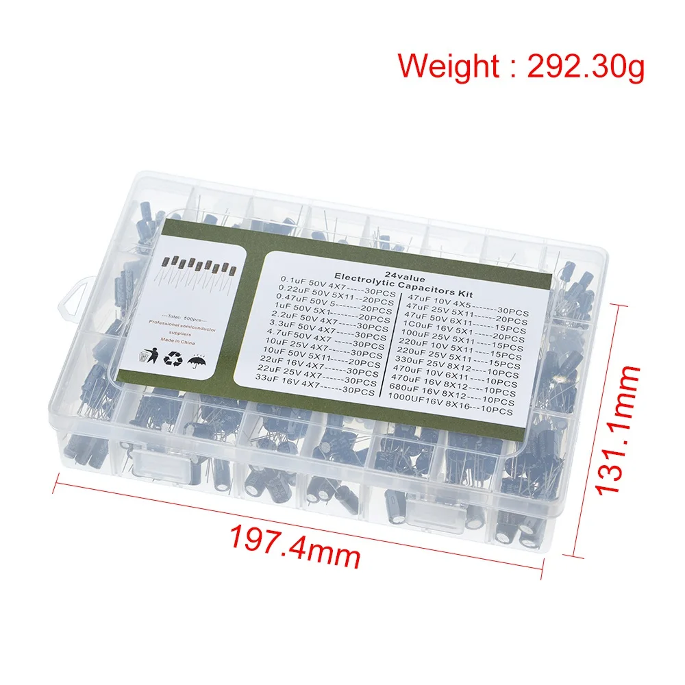500Pcs/lot 0.1UF 1000UF 24Values Aluminum Electrolytic Capacitors 16 50V mix capacitor Assorted kit and storage box|Конденсаторы| |