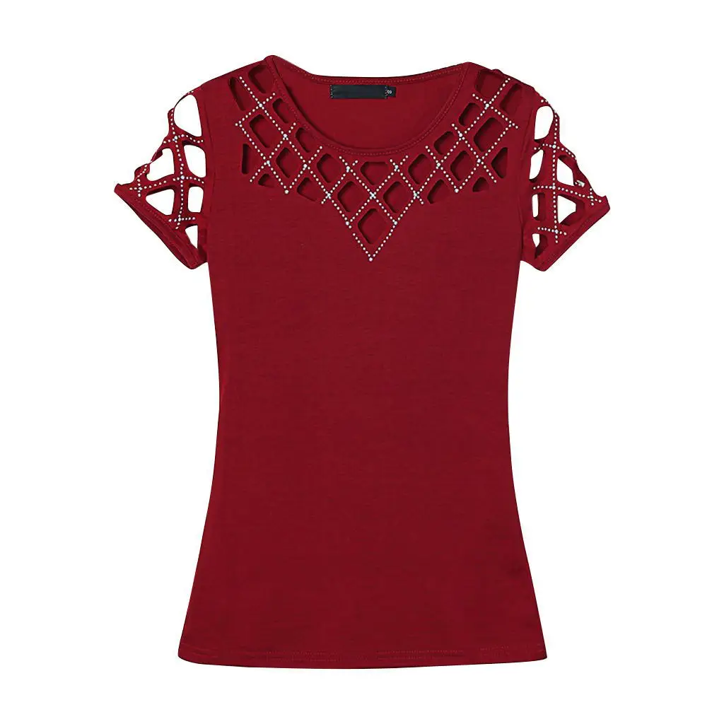 

European and American-Style New Style Hot New Style round-Neck Short Sleeved Porous Beads-Top