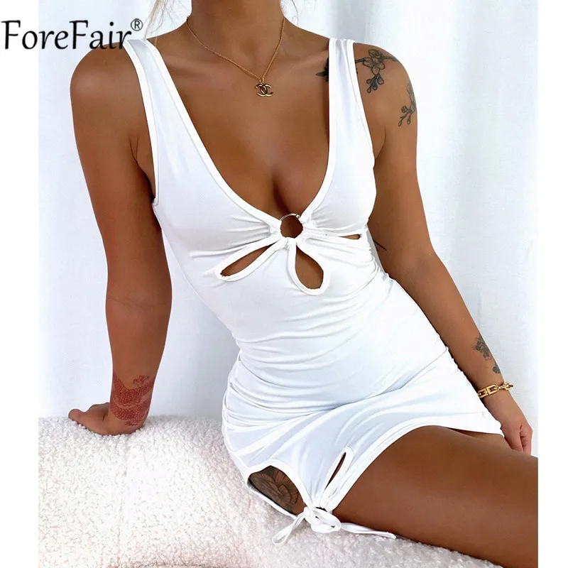 

Forefair летнее облегающее мини-платье с V-образным вырезом, женские белые Открытые черные пляжные Сексуальные вечерние платья без рукавов 2021