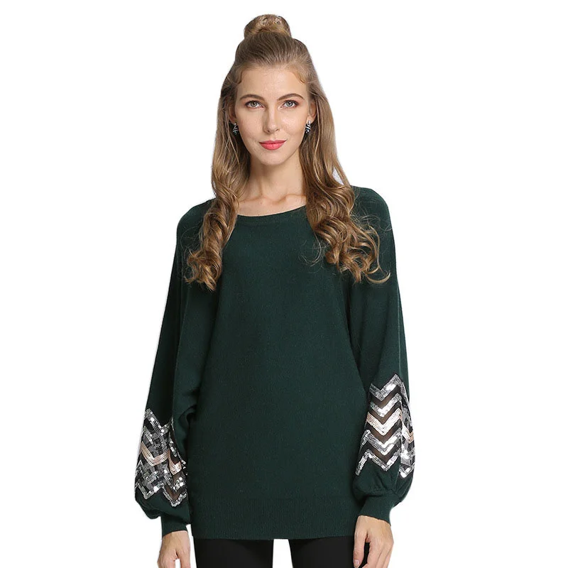 

Женский свитер с блестками SHZQ, Повседневный пуловер свободного покроя с длинными рукавами-фонариками, Осень-зима
